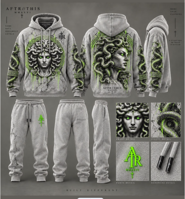 AFTR/THIS gray and green Medusa hoodie and sweatpants set